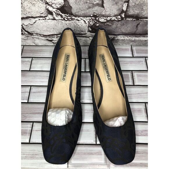 Karl Lagerfeld PARIS Charee Navy Black Floral Fabric Block Heels Women Sz 8M US - Picture 11 of 16